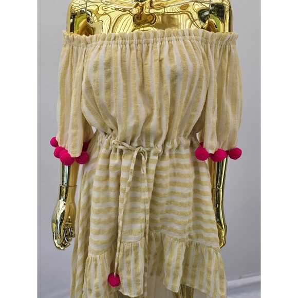 Revolve Sundress Alena High Low Off Shoulder Dress Yellow Stripe Pom Pom M/L - Picture 5 of 14